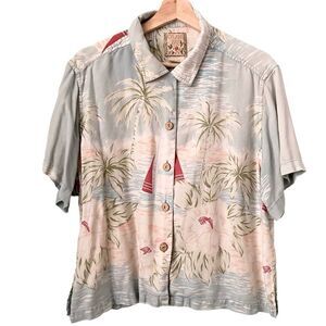 Kylani Bay 100% Silk Tropical Island Print Front Button Short Sleeve Top in 12